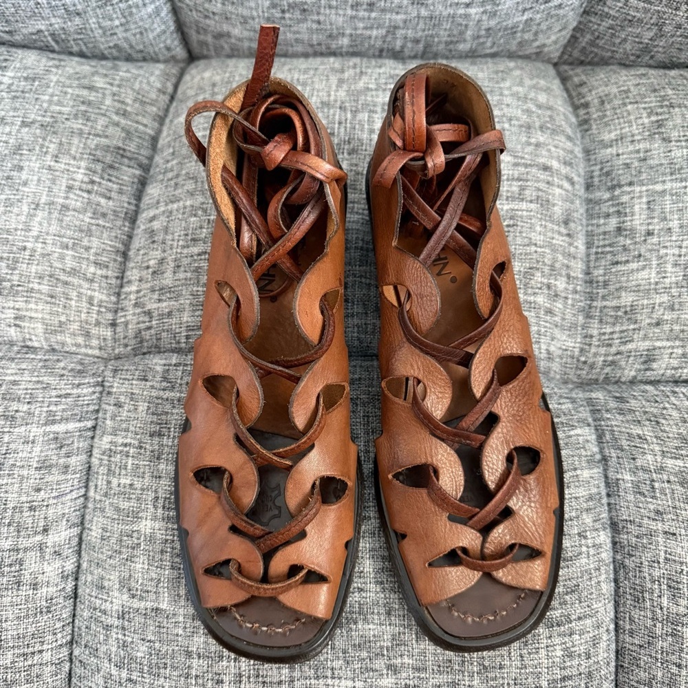 Aketohn Brown Leather Lace Up Gladiator Sandals Stacked Chunky Heel Size 37 - Picture 6 of 14